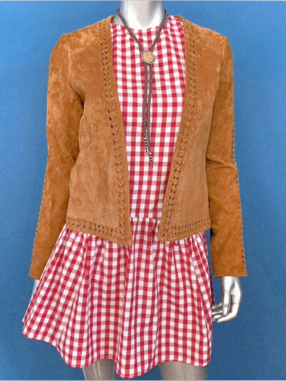 🆕️🤠🐎MANGO Genuine Leather Trena Suede Jacket Collarless w/ Suede Braiding NWT - Picture 11 of 16